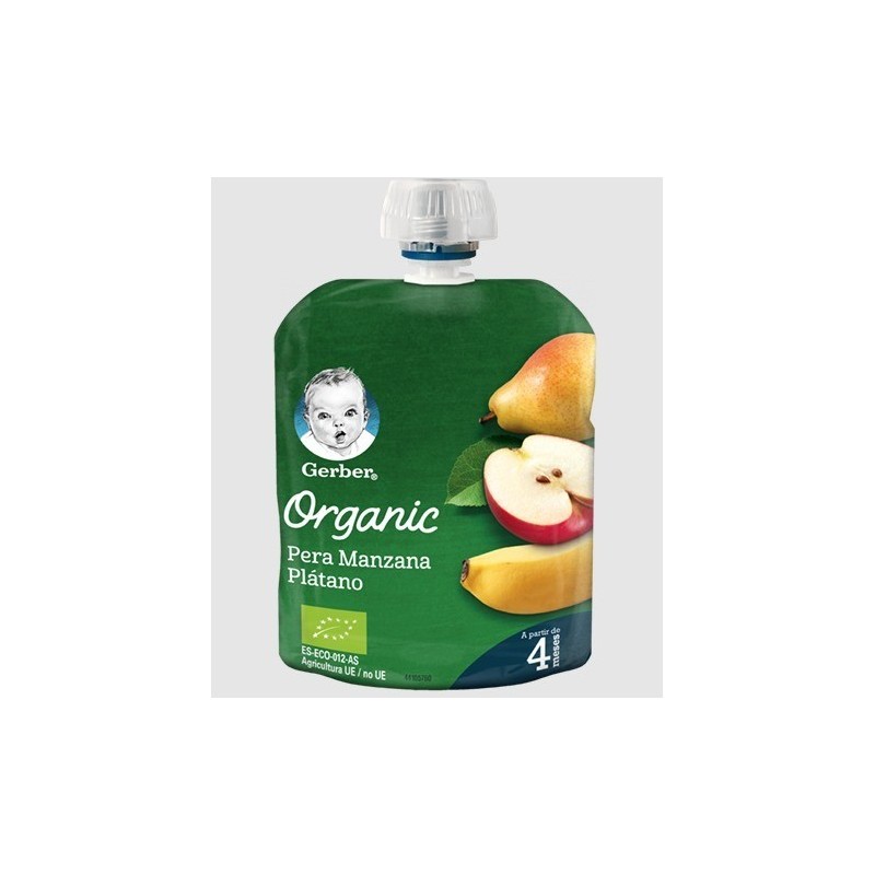 GERBER BOLSITA PURÉ PERA, MANZANA Y PLÁTANO 90 G +4M