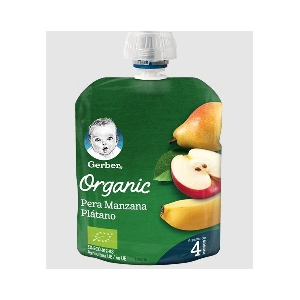GERBER BOLSITA PURÉ PERA, MANZANA Y PLÁTANO 90 G +4M