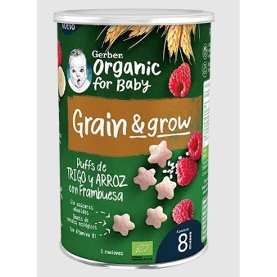 GERBER PUFFS DE  TRIGO Y ARROZ CON FRAMBUESA ORGÁNICO 35G +8M