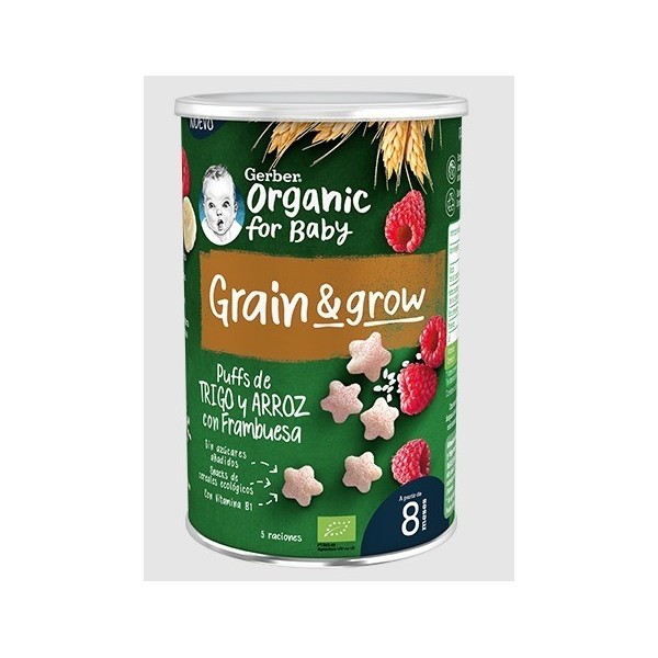 GERBER PUFFS DE  TRIGO Y ARROZ CON FRAMBUESA ORGÁNICO 35G +8M