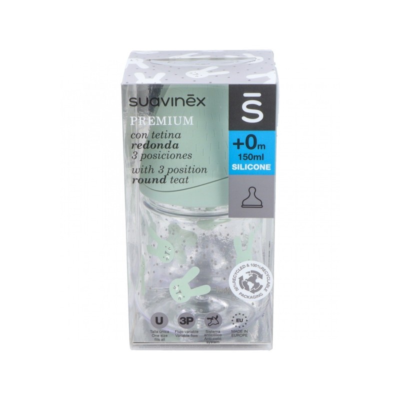 SUAVINEX BIBERÓN TETINA FISIOLÓGICA SILICONA PREMIUM BONHOMIA TALLA S 150ML