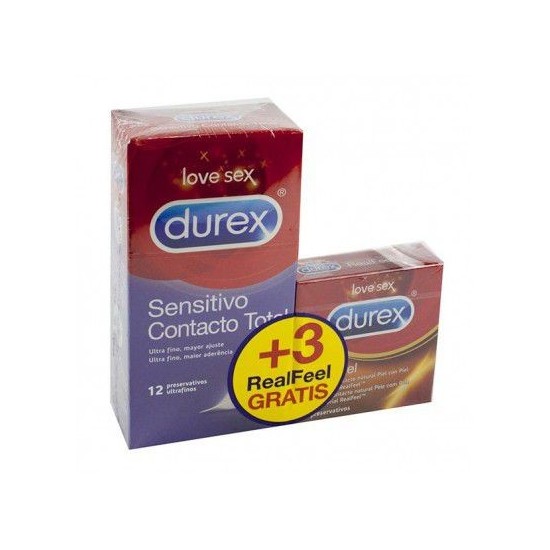 DUREX SENSITIVO CONTACTO TOTAL + DUREX REAL FEEL 12UDS + 3UDS