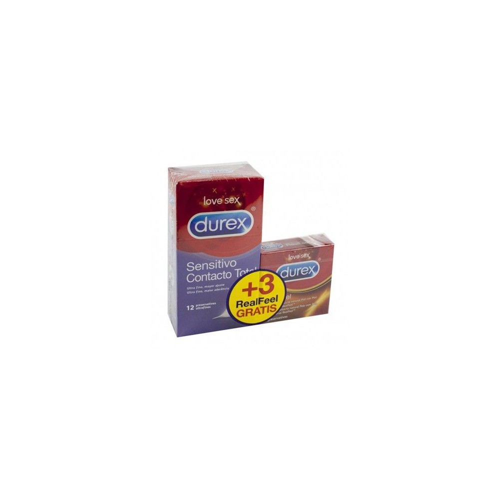 DUREX SENSITIVO CONTACTO TOTAL + DUREX REAL FEEL 12UDS + 3UDS