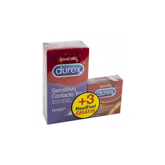 DUREX SENSITIVO CONTACTO TOTAL + DUREX REAL FEEL 12UDS + 3UDS