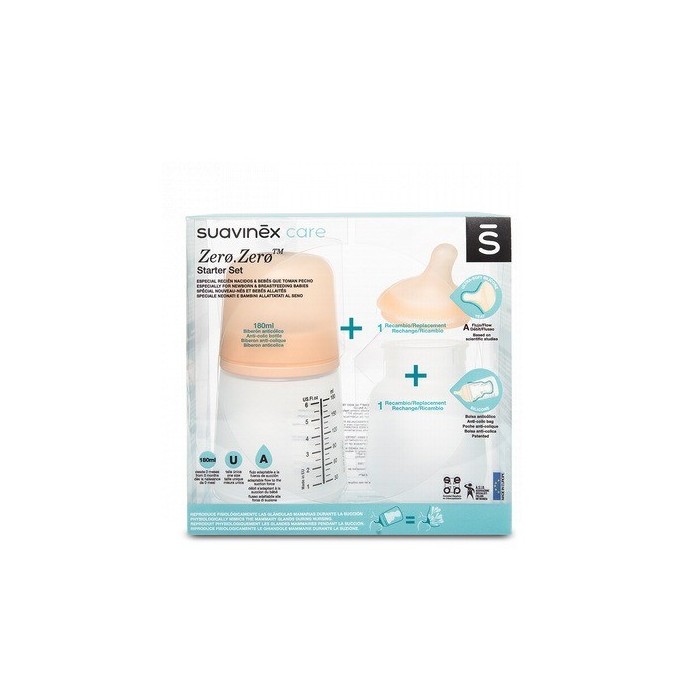 SUAVINEX PACK BIBERÓN ANTICÓLICOS ZEROZERO 180ML TETINA + BOLSA